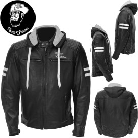 Rusty Stitches Leather Jacket JARI HOODED Motorcycle Hoodie with Detachable Hood and Protectors