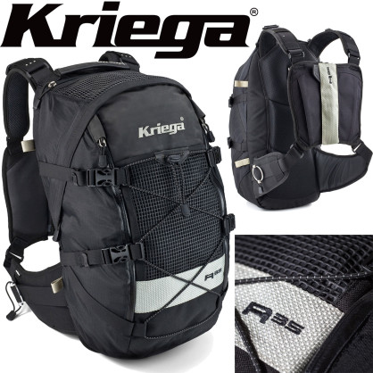 Kriega Motorcycle Backpack R35 drinking water compatible lightweight hip belt Quadloc strap system 35 liters
