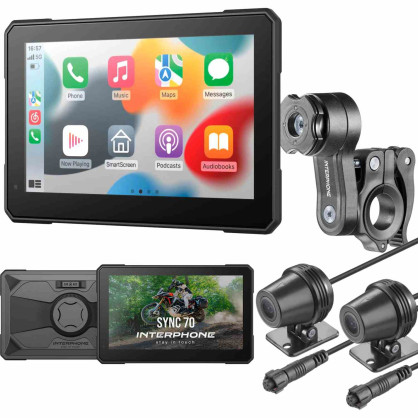 Interphone Sync70 smart display motorbike with dual camera and blind spot assistant