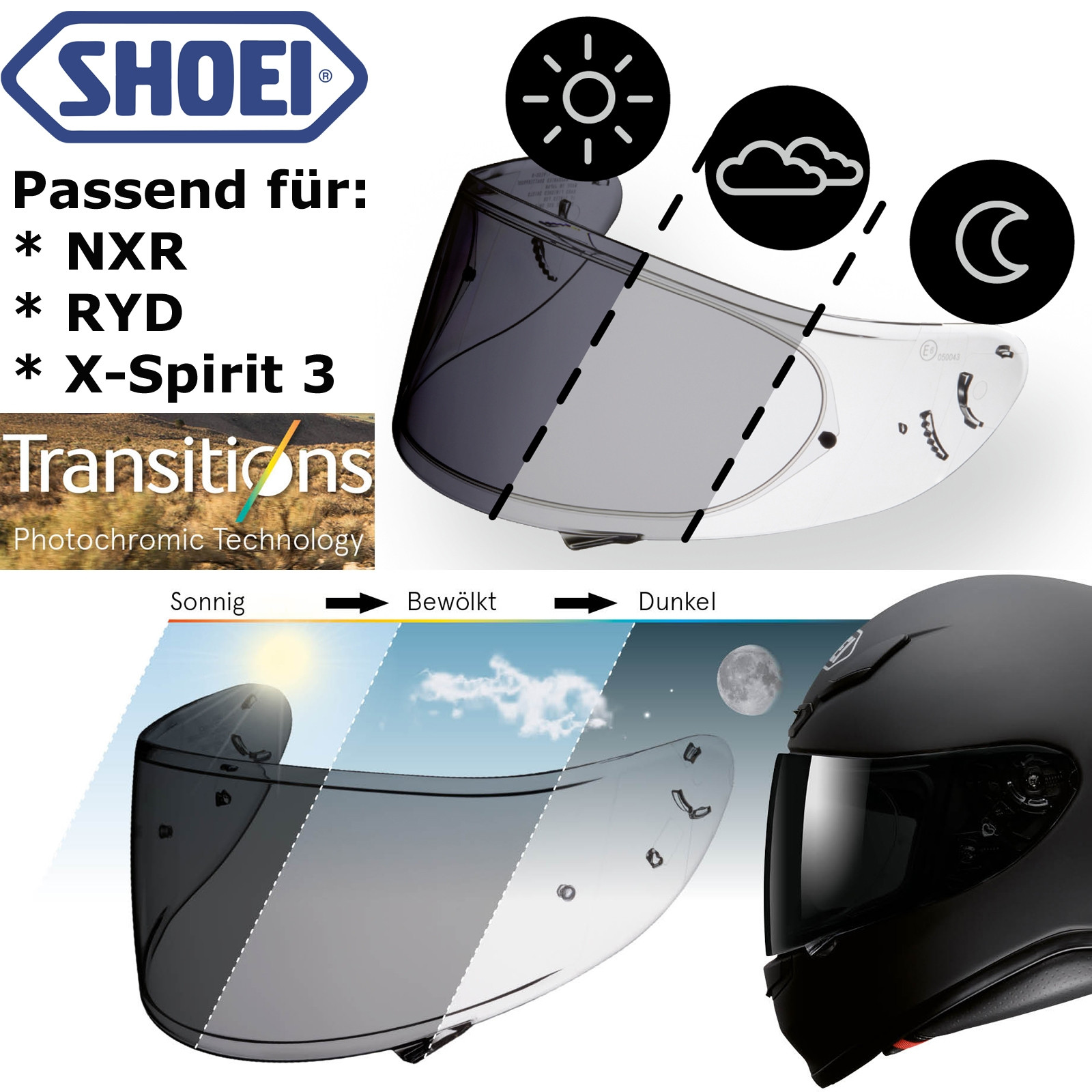 Shoei visor CWR-1 PHOTOCHROMIC for helmet NXR / RYD / X-Spirit III 3 self-tinting
